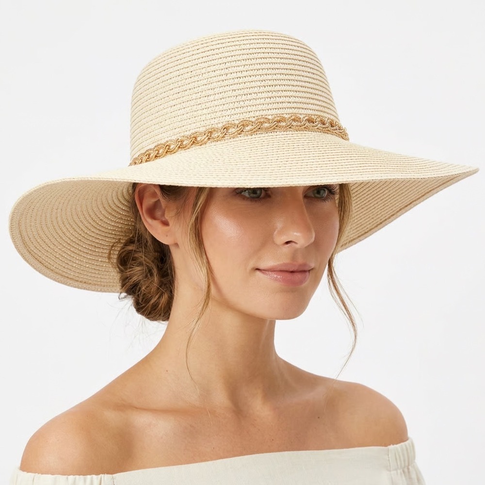 Kensie Womens Wide Brim Straw Sun Hat Cream Ivory Gold Chain Accent OS